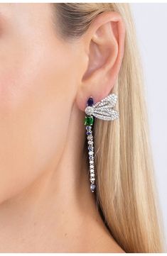 Blue and green cubic zirconia stones add a pop of color to dragonfly shaped drop earrings that gleam with crystal encrusted wing details. Post back Brass/cubic zirconia Imported Elegant Green Dragonfly Shaped Jewelry, Dragonfly Earrings, Cubic Zirconia, Eye Candy, Color Pop, Nordstrom, Drop Earrings, Crystals, Green