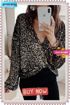 Holiday Glow Sequin V Neck Blouse Gold V-neck Top For Fall, Glamorous V-neck Winter Top, Glamorous V-neck Tops For Date Night, V-neck Sequin Blouse For Night Out, Glamorous V-neck Blouse For Party Season, Sequined V-neck Tops For Fall, Sequin V-neck Blouse For Fall, Trendy V-neck Blouse For Party, Long Sleeve Tops For Winter Date Night