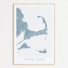 a blue poster with the shape of cape cod on it's back and sides