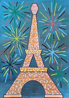 a painting of the eiffel tower with fireworks