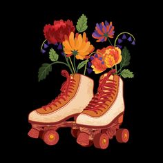 a pair of roller skates with flowers in them on a black background, illustration