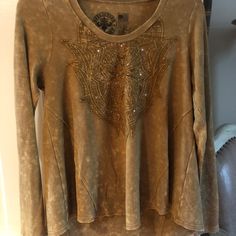 Affliction Top Size Xl Nwot Distressed Bohemian Top For Festival, Bohemian Distressed Top For Festival, Casual Embellished Fall Tops, Casual Embellished Tops For Fall, Bohemian Embellished Tops For Fall, Crystal Embellishment, Long Sleeve Top, Embellishments, Long Sleeve Tops