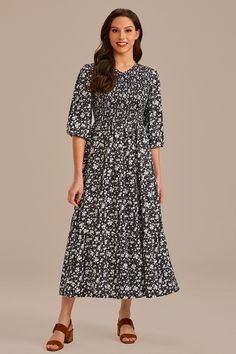 Tiered Midi Dress, Fashion Gallery, Elbow Length Sleeve, Floral Midi Dress, Half Sleeve, Classy Outfits, Half Sleeves, Black Floral, Round Neckline