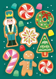 an image of christmas cookies and sweets on a green background with snowflakes