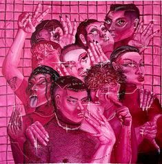 a group of people standing in front of a pink wall with their hands on their faces