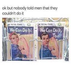 two metal card holders with pictures of women on them, one saying we can do it and the other saying we can do it