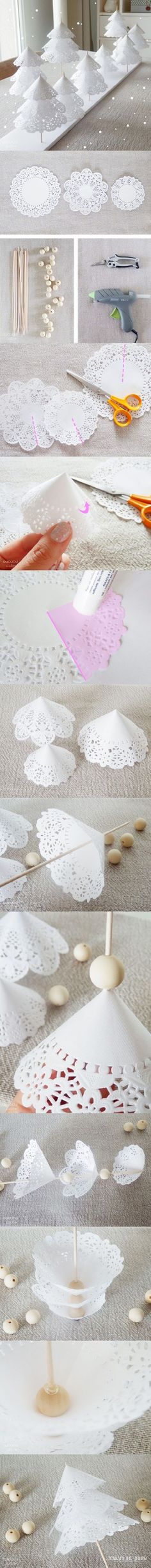 several different images of white doily on the floor