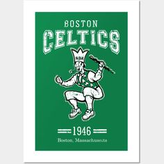 the boston celtic logo on a green background with an image of a man holding a baseball bat