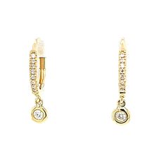 14 Karat Yellow Gold Small Hoop Earrings with Hanging Bezel Featuring Round Diamonds of I1 Clarity and H Color Totaling 0.14 Carats. Elegant Yellow Gold Hoop Earrings With Bezel Setting, Gold Dangle Diamond Earrings With Bezel Setting, Dangle Yellow Gold Diamond Hoop Earrings, 14k Gold Bezel-set Drop Earrings, Gold Small Hoop Earrings, Yellow Gold Bezel-set Dangle Diamond Earrings, Small Hoop Earrings, Dangle Hoop Earrings, Bezel Set Diamond