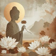 an image of buddha holding a flower in front of water lillies and mountains behind it