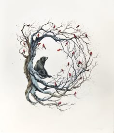 a bear is sitting in the middle of a tree with red birds on it's branches