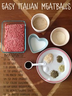 ingredients for easy italian meatballs laid out on a wooden table with text overlay