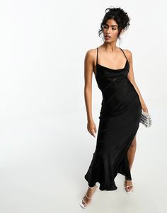 ASOS DESIGN satin stripe high cowl maxi dress in black | ASOS Black Maxi Dress With Spaghetti Straps And Bias Cut, Black Maxi Dress With Bias Cut And Spaghetti Straps, Black Bias Cut Maxi Dress With Spaghetti Straps, Black Maxi Slip Dress For Prom, Black Slip Dress For Spring Prom, Sleek Summer Maxi Dress For Prom, Sleek Summer Prom Maxi Dress, Trending Now, Color Trends