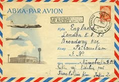 an old postcard with stamps on the front and back side, depicting airmails