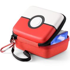 a small red and white bag with some items in it's pocket on a white background