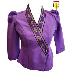 Thai - Lao Blouse 1460-PU-44 Purple V-neck Blouse For Formal Occasions, Elegant V-neck Blouse Piece, Elegant Fitted V-neck Blouse Piece, Elegant Formal Tops With Traditional Drape, Traditional Long Sleeve Evening Tops, Traditional Fitted Evening Tops, Fitted Purple Blouse For Evening, Fitted Purple Evening Blouse, Elegant Fitted Purple Blouse