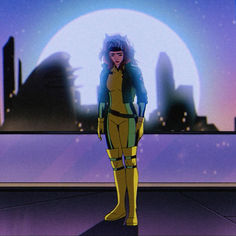 an animated woman standing in front of a cityscape with the moon behind her