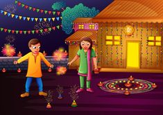 two children holding hands in front of a house decorated for diwaling with fireworks