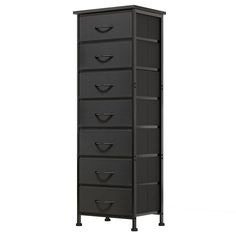 a tall black cabinet with five drawers