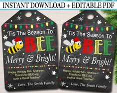 two christmas tags with the words bee merry and bright on them