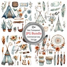 watercolor clipart set with different items for camping and other things to use in the design