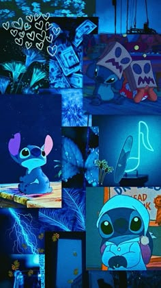 many different pictures are shown together in this collage with blue lights and cartoon characters