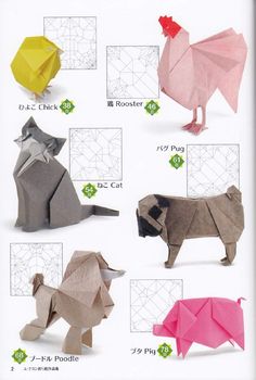 an origami dog is shown with instructions to make it in different colors and sizes