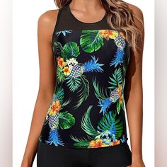 New With Tags Padded Bra & Tummy Control Racerback Fitted Tropical Style Sleeveless Tankini, Black Tropical Print Tankini For Summer, Black Racerback Swimwear For Beach Season, Fitted Green Tankini With Tropical Print, Black Beachwear Tank Top For Swimming, Black Summer Tankini With Tropical Print, Black Tropical Printed Tankini, Black Tropical Print Summer Tankini, Black Tropical Print Tankini For Swimming