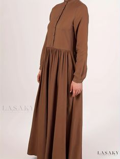 Lasaky - Womens Plus Size Casual Abaya Dress: Solid Button-Up Long Sleeve Maxi Dress Modest Long Sleeve Maxi Dress With Buttons, Brown Long Sleeve Dress With Buttons, Brown Long Sleeve Dress With Button Closure, Modest Buttoned Fall Dresses, Modest Buttoned Dresses For Fall, Modest Fall Dresses With Buttons, Modest Long Brown Maxi Dress, Brown Button-up Dress With Button Cuffs, Button-up Brown Dress With Button Cuffs