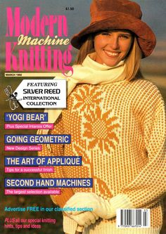 the cover of modern machine knitting magazine featuring a woman in a hat and sweater with her hands on her hips