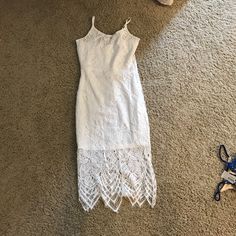 Nwot. Fits Like Bodycon On Me, But I Have A Large Butt So May Not Be That Tight On Someone Slimmer. Scoop Neck So Shows Some Cleavage. Size Xs Summer Sheath Midi Dress With Lace Trim, Casual White Lace Midi Dress, Summer Sheath Lace Midi Dress, Summer Sheath Mini Dress With Lace Trim, White Sleeveless Lace Bodycon Dress, Lux Dress, Fitted Midi Dress, Dresses Xs, White Lace