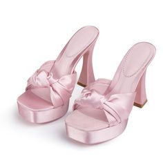 Elevate your style with these light pink satin platform slide sandals. Featuring a square toe and flared heel, these shoes are both chic and comfortable for any occasion. Color: Light pink Material: Satin Heel Type: Flared heel Heel Height: 4.72" / 120 mm approx Platform Height: 1.58'' / 40 mm approx Product measurements were taken using size 8. Please note that measurements may vary by size. Toe: Open square toe Knotted design Handcrafted US sizing. Fits true to size Platform Slide Sandals, Dr Shoes, Platform Slides, Pretty Shoes, Dream Shoes, Mean Girls, Pink Satin, Look Cool, Cute Shoes