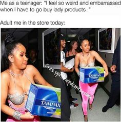 a woman in pink pants and bra top holding a box of tamiyan products