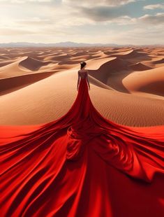 a woman in a long red dress standing on sand dunes