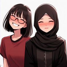 two women with black hair and glasses are standing next to each other, one is wearing a hijab