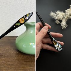 This is an order to make list, please allow 1 week before shipping. This exquisite hand-painted hairpin features traditional Chinese motifs of lotus and daisy flower. Crafted from pure natural ebony wood, the hairpin measures 18cm in length.  The intricate hand-painted designs are detailed and have a pearl-like luster + golden or silvery color paint. The listed price is for one hairpin, and it comes in various patterns to choose from.  Unique gift you can choose for yourself, or your family and Chinese Motifs, Chinese Hairpin, Painted Designs, Hair Fork, Blue Lotus, Color Paint, Hair Stick, Ebony Wood, Hair Painting