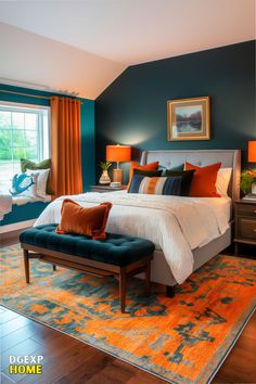 Modern bedroom with teal walls, orange accents, and a stylish white bed. Eclectic Bedroom Design, Orange Bedroom, Teal Bedroom, Teal And Orange, Interior Design Per La Casa, Bedroom Orange, Eclectic Bedroom, Decoration Inspiration, Master Bedrooms Decor