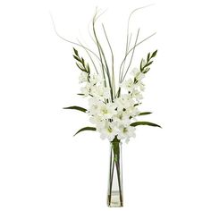 white flowers are in a clear vase on a white background with long stems and leaves