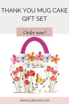 a white bag with flowers on it and the words thank you mug cake gift set order now