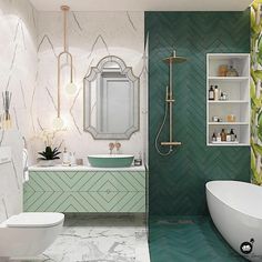 the bathroom is decorated in green and white with an interesting pattern on the wall behind the bathtub