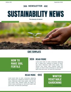 a green and white brochure with hands holding a small plant in the dirt