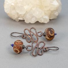 Organic Copper Squiggle Earrings with Etched Agate Stone Artsy Brown Copper Jewelry, Artisan Hand Wrapped Copper Earrings, Artsy Hand Forged Copper Jewelry, Squiggle Earrings, African Brass Beads, Artisan Necklace, Artisan Bracelets, Amber Earrings, Artisan Earrings