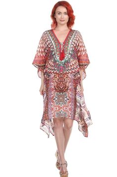 Designer Women's Beach Kaftan Dress in Viscose Silk - Hot Boho Resort & Swimwear Beach Kaftan Dress, Designer Resort Wear, Short Kaftan, Beach Kaftan, Kaftan Style, Moroccan Caftan, Cover Beachwear, Beachwear Fashion, Rhinestone Embellishments