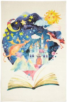 an open book with watercolor drawings on the pages and stars above it royalty - art illustration