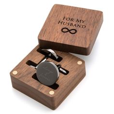 PRICES MAY VARY. This listing is for a pair of engraved "always & forever" gunmetal cufflinks, measures 20mm & is made of high-grade stainless steel in gunmetal color. It is beautifully packaged in a sleek engraved "For my husband" wooden gift box. The engraved premium walnut wood box measures approximately 1.5 x 1.5 x 1 inch with 4 magnetic discs to keep the lid secure and the cufflinks from falling. Undoubtedly a memorable keepsake for the groom on his special day and indeed a gift he can stil Mens Formal Attire, Wood Engraved Gifts, Cuff Links Wedding, Birthday Gift For Husband, Decorative Wooden Boxes, Wood Gift Box, Engraved Cufflinks, Laser Engraved Ideas, Birthday Gifts For Husband