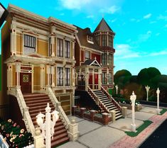 an animated image of a large house with stairs