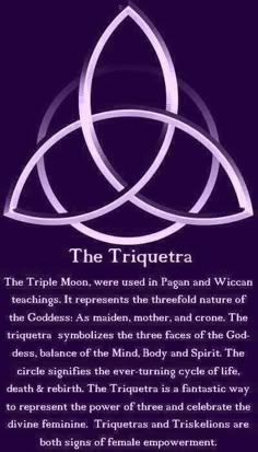 the triqueta symbol in purple and white on a black background with text below it