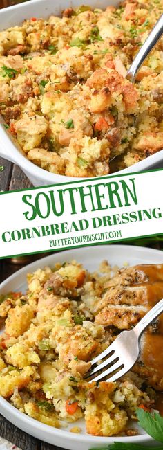 Cornbread dressing in casserole dish and on a plate. Southern Cornbread Dressing, Cornbread Dressing Recipe, Sausage Cornbread Stuffing, Dressing Recipes Thanksgiving, Cornbread Dressing Southern, Dressing Recipes Cornbread, Southern Cornbread