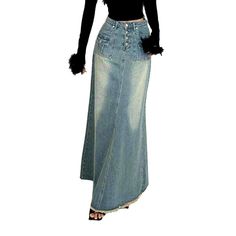 Introducing the 2023 Spring-Summer Collection's free-spirited chic retro denim skirt. a perfect blend of vintage vibes and modern fashion!Why This Skirt Is A Must-Have: Boho-Inspired: An easy-going. free-spirited look with a timeless. classic edge. Vintage Feel: A unique silhouette with a high-waist fit for a feminine touch. Long Length: Flowy and sophisticated. this skirt is designed for maximum impact. Button Closure: A classic button closure lends a subtle hint of sophistication. A Timeless P Chic Non-stretch Mid-rise Skirt, Non-stretch High Waist Skirt With Frayed Hem, Trendy Denim Maxi Skirt With Flare, Trendy Denim Wide-leg Maxi Skirt, Trendy High Waist Blue Maxi Skirt, Trendy High-rise Maxi Skirt For Spring, Chic Mid-rise Skirt In Medium Wash, Chic Summer Denim Skirt, Trendy Long Denim Blue Skirt