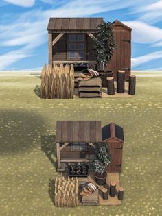 two different views of a small house in the middle of a field